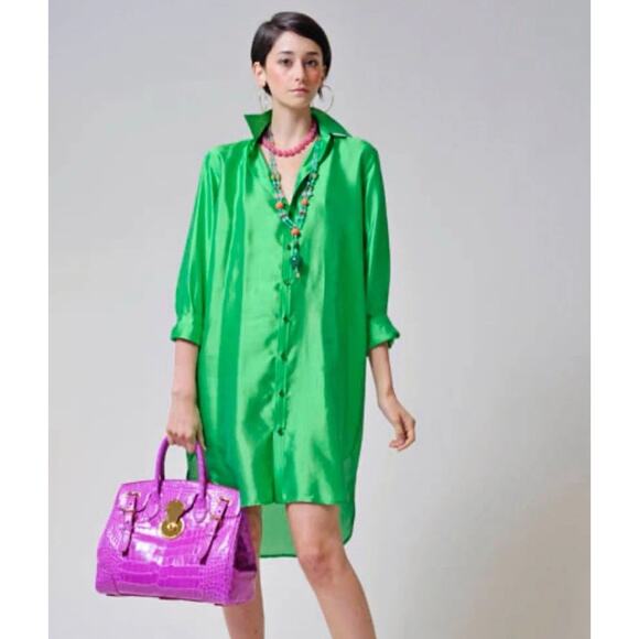 Ralph Lauren Collection Silk Shirt Dress Button Up Resort Runway M 8 Green - Picture 1 of 9